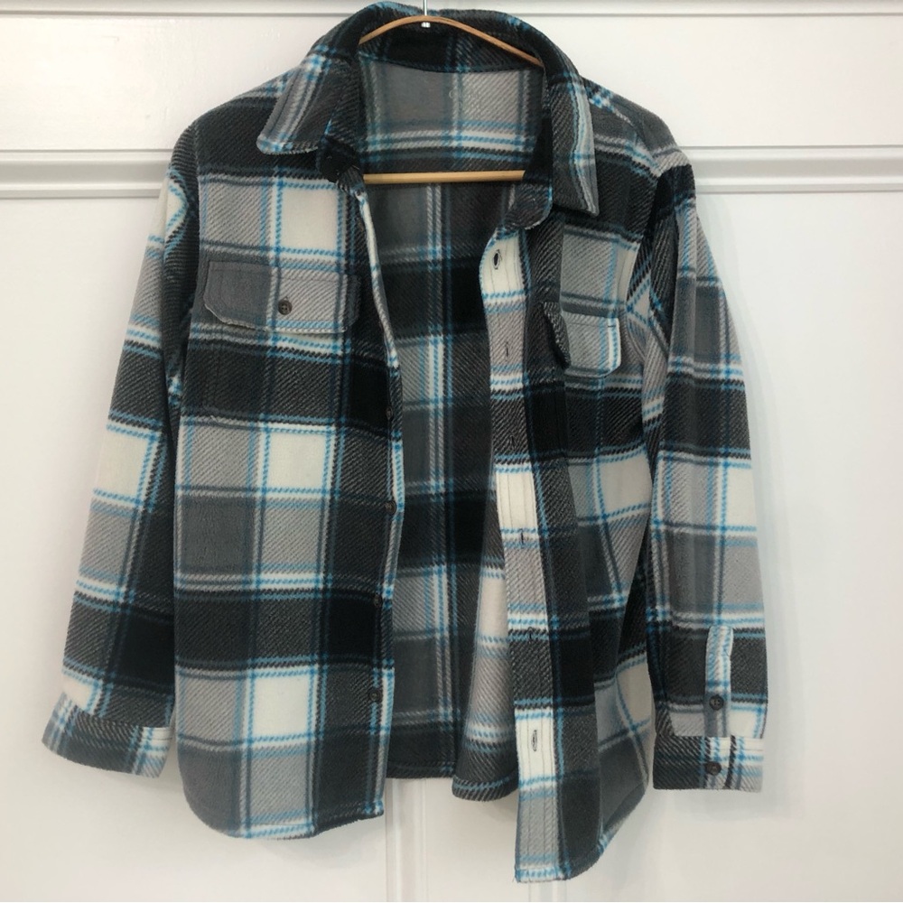 Kids Gray Plaid Button-Down Shirt Jacket with Blue Accents